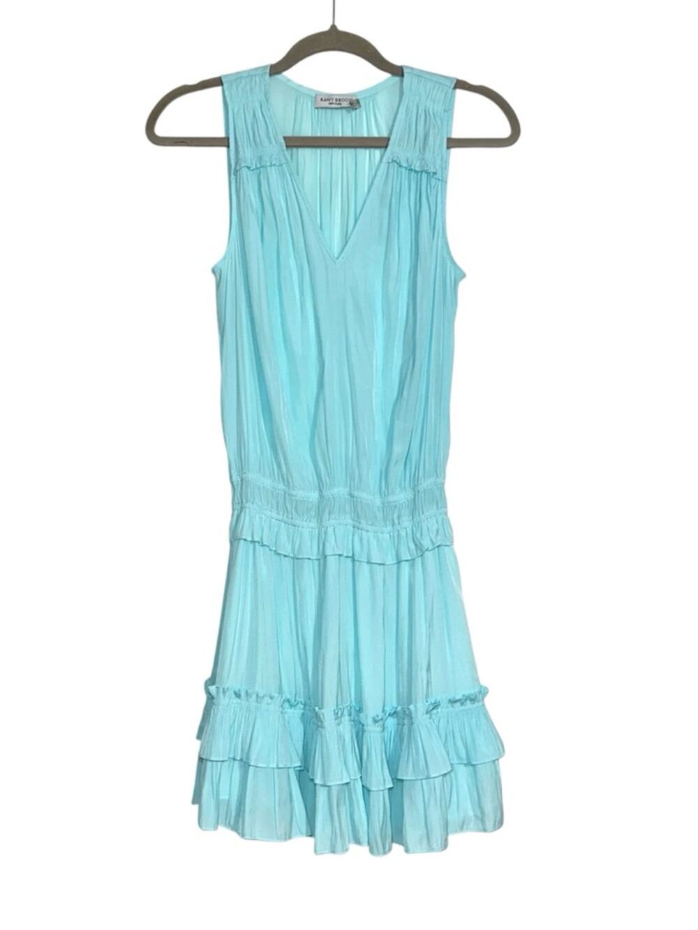 Ramy Brook Mo Aqua Blue Sleeveless Tiered Ruffle Smocked Mini Dress XS